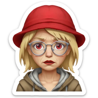 very dirty looking homeless woman with ripped red hat with ugly blond hair and broken glassess sticker