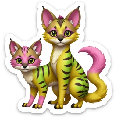 Cute kawaii cool edgy badass  vivid tropical mango-lime-pink splash-patterned silky fur fantasy-caracal-civet-genet-sergal-vernid-Gryphon-Cacomistle-Trico-oncilla-animal-Fakémon-hybrid-fursona (full body), facial markings, (realism style) sticker