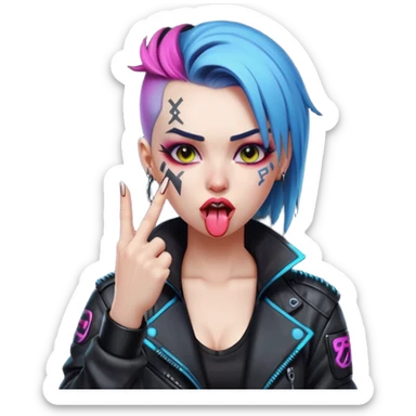 Woman with her tongue out in cyberpunk clothing and giving the middle finger. Looking naughty. sticker