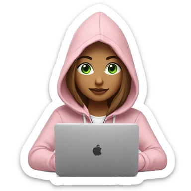 a girl with brown long hair, fair skin, green eyes, is working relaxed at a modern laptop in a monochrome pale pink zip hoodie with a hood and a pink monochrome T-shirt sticker