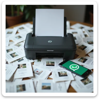 realistic thumbnail image for a WhatsApp print out service, showing a printer surrounded by many printed pages of WhatsApp chats, with a phone displaying the WhatsApp app sticker