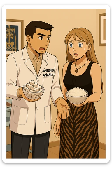 prendi spunto da questA immagiNE e fai un webtoon/manga a colori con questo kinesiologo in camice bianco (fagli la scritta "ANTONIO ANANIA" SUL CAMICE) CHE PARLA CON QUESTA RAGAZZA CON GLI OCCHI AZZURRI. la ragazza FA UNA FACCIA SCONVOLTA E SCIOCCATA, e IL KINESIOLOGO CON IL CAMICE BIANCO le SPIEGA UNA COSA CON UNA BOWL DI ZOLLETTE DI ZUCCHERO NELLA MANO DESTRA E UNA BOWL DI RISO BIANCO NELLA MANO SINISTRA. NON FARE I FUMETTI, FAI SOLO LORO COME SE DIALOGASSERO sticker