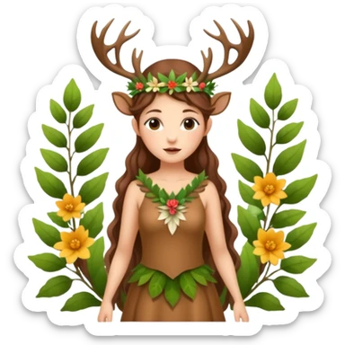 forest fairy woman dressed as deer spirit, antler crown and leaf dress, standing in flowers sticker