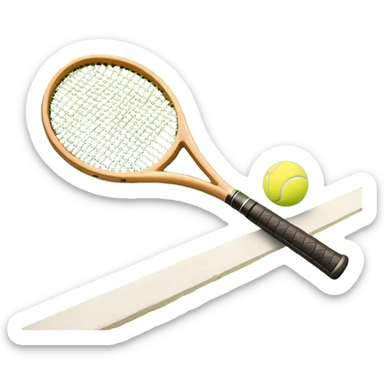 A tennis racket resting on the green grass of a tennis court, with a tennis ball placed nearby and the net stretching across the court. The background captures the fresh, open atmosphere of a traditional grass court, emphasizing the elegance and precision of the sport. sticker