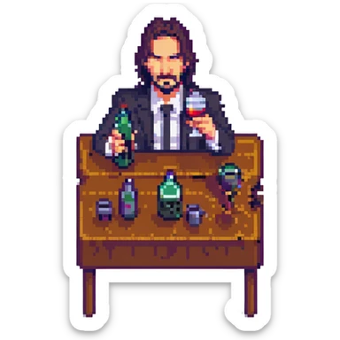 John Wick drinking, pixel art style sticker