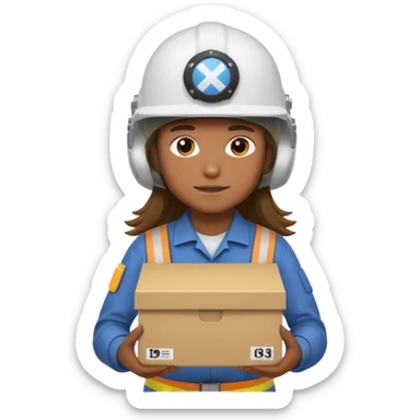 Tengo que dar una capacitacion de orgonomia, necesito un emoji de un operario con pelo largo y casco blanco de manga larga que levante una caja cerrada con las dos manos a la altura de los hombros y que tenga cara de esfuerzo fisico. Que no este saludando, las dos manos sosteniendo la caja.  sticker
