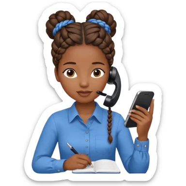 black girl on the phone with a notepad in colored formal shirt and braided bun sticker