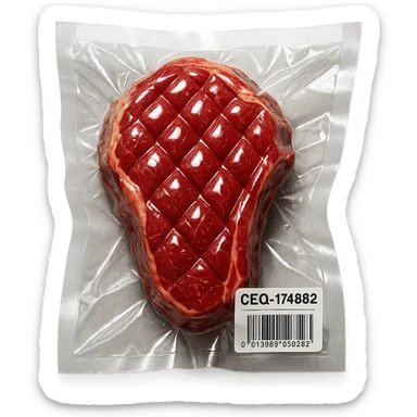 diamond-textured meat steak, shiny and inflated, vacuum-sealed style sticker