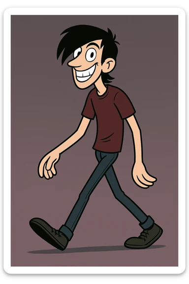 Make the tall, thin man with long black emo bangs look much happier, with a big smile showing lots of teeth, keep the walking pose and style as in the original image. sticker