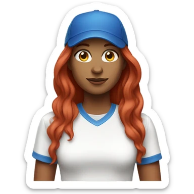 front facing standing female coach with long red hair, wearing a white t-shirt and a simple blue hat sticker