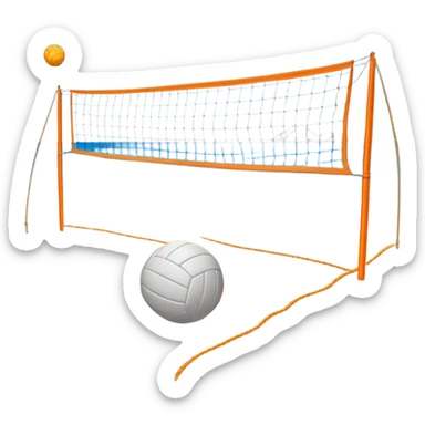 The scene captures a sunny beach atmosphere with clear blue sea and sky, palm trees swaying, and people in swimsuits enjoying the vibrant surroundings. A volleyball resting on the orange sand ground of a beach, with a volleyball net in the background.  sticker