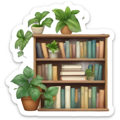 A cute book shelf with a potted pothos plant, and some cute others plants and a pile of books sticker