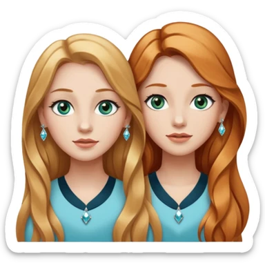 two girls top halfs, one with long wavy strawberry blonde hair and greenish blue eyes, white diamond earrings and wearing white, the other with straight black long hair, brown eyes, silver earrings and wearing black sticker