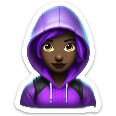 Girl developer behind his laptop with this style : Crytek Crysis Video game neon glowing bright purple character purlple black hooded hacker themed character sticker