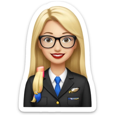 long blonde straight hair, black rectangle glasses, smiling, lipstick, full length eagles uniform, 33 sticker