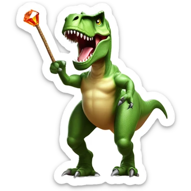 A Tyrannosaurus rex, striding confidently with a jeweled pimp cane in its tiny forelimbs, grins with predatory dominance under the Mesozoic sun. sticker