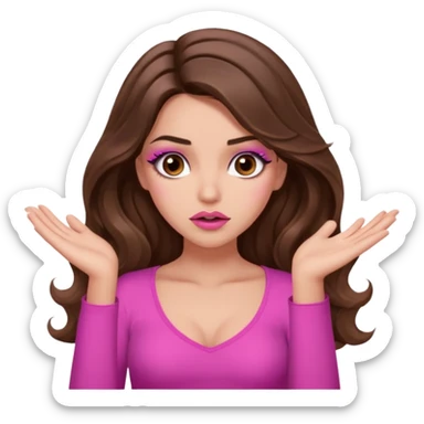 girl with long wavy brown hair, brown eyes, long lashes makeup, sexy pink lips, light to medium complexion, pink sexy top, shrugging with both hands, confused sticker
