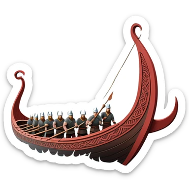 clash-of-clans-aesthetic_-cinematic-viking-longboat, rendered in a flat, bold vector style with minimal shading, featuring a striking dragon-headed prow slicing through icy, churning waters. shields on the side and vikings rowing The longboat’s intricately detailed shields and carved motifs evoke a sense of epic adventure and Nordic might, with billowing sails catching a dramatic, stormy sky backdrop. sticker