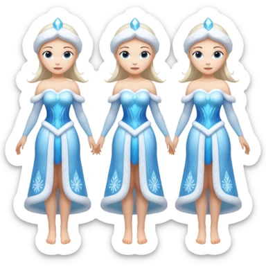 Four images of the same ice Snow Maiden character with two arms and two legs: front view, back view, side view, three-quarter view. Full body, translucent ice, winter fairy tale style, consistent design, clean anatomy. sticker