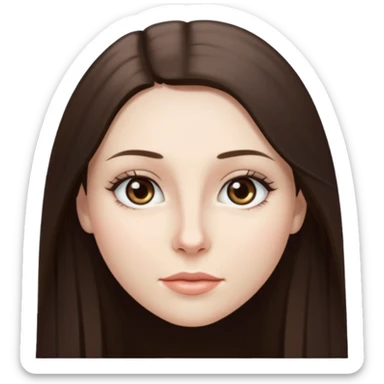 Brunette long straight hair, pale skin, grey eyes, small nose sticker