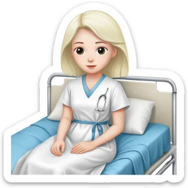 patient in a hospital gown sitting on a bed sticker
