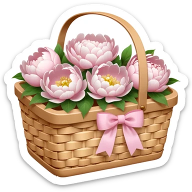 White Picnic basket with light pink bow and white peonies inside sticker