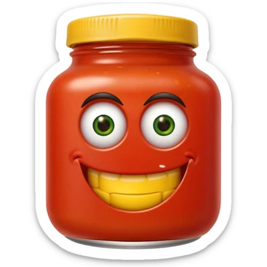 Un tarro de salsa de tomate y un tarro de salsa de mostaza al uno al lado del otro, los dos tarros con ojos sticker