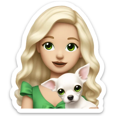 pale blond girl with wavy long platinum hair with green eyes holding a white chihuahua puppy that wearing a pink bow sticker