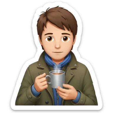 A gentle-looking man with messy hair and layered torn jackets, warming his hands over a small tin cup of hot drink.
 sticker