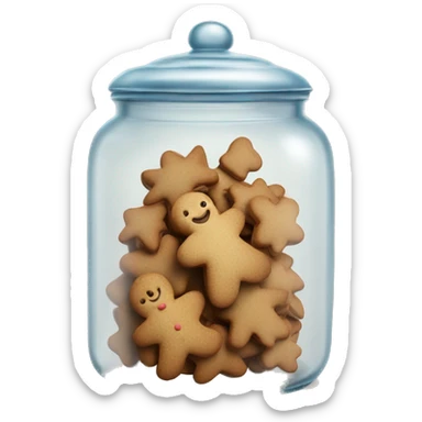 Realistic glass cookie jar with lid full of gingerbread with icing cookies isolated.  sticker