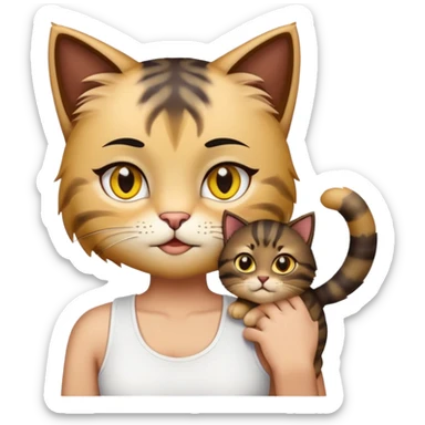 make me emoji hugged tabby fluffy cat with yellow eyes, person is black straight hair with kinda asian chocolate eyes but still have eyelids, with latina lashes and eyelashes, wear white tanktops sticker