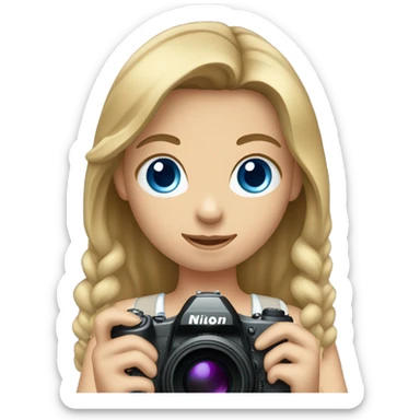 Girl with dark blonde Haie and BLUE eyes Holding a Nikon Camera in her hands sticker