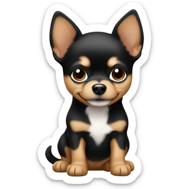 The face of a puppy that is a mix of Chihuahua and Spitz in black tan. sticker