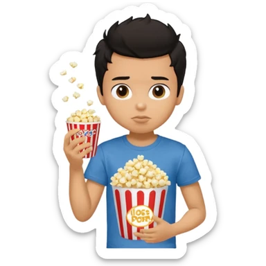 generate a pretty tan bratz boy with a brown tshirt on. eating a popcorn. messy black hair sticker