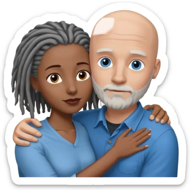 Tall bald white man with a short white beard and blue eyes in a lovingly embrace with a black woman with brown eyes and grey hair dreads sticker