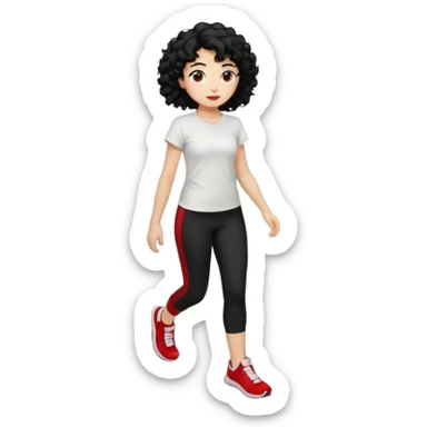 generate a pretty bratz fair skinned girl with curly black hair wearing a white tshirt trekking on a hill with red sneakers on and black leggings. Show HILLS around her sticker