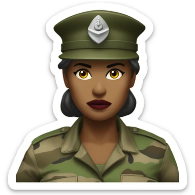 a female drill sergeant character wearing a classic sergeant hat and a camouflage army shirt. The character should have an angry intense expression. full torso sticker