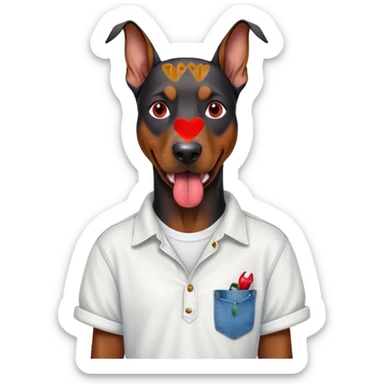 Generate a emoji of a big evil doberman dog with red eyes and a tongue sticking out, give the doberman a human body with a white shirt and baggy jeans, make the doberman have piercings sticker