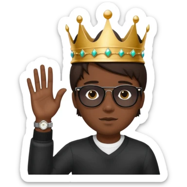 Un niño con cabello lacio no muy largo color marrón castaño,ojos marrones,piel no muy blanca, que tenga lentes de sol color negro,reloj en la mano derecha y una corona como sombrero sticker