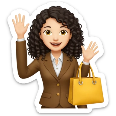 medium deep tan brown business woman with long black curly hair, waving hand with happy face with smile mouth and carrying yellow bag on her shoulder sticker