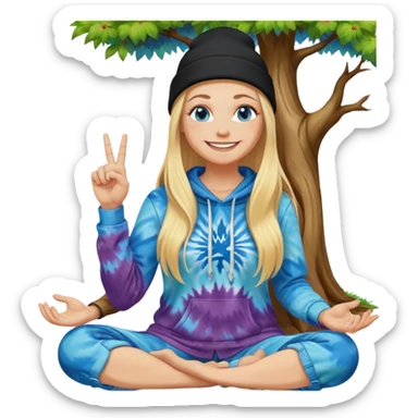 long haired blonde white woman wearing a black beanie and This woman should have blue eyes and a big smile and i want her to be sitting meditating next to a tree. she is wearing a tie dye hoodie. I want one hand of hers to show a middle finger pointing up  sticker