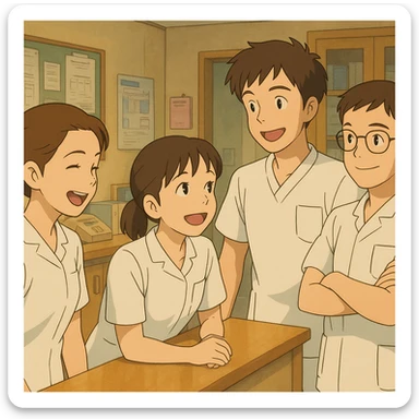 Ghibli scene with four nursing students gathered in a care station, all in white short-sleeve uniforms, medical tunics with V-neck and left chest pocket, no collar stand or stethoscopes, no fabric under sleeves, team spirit, warm care environment sticker