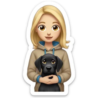 A blonde girl  with blues eyes, with smooth hair and a ray,she has light skin a few freckles, and she wear a hoodies and she Carries in his arms a black baby labrador dog  sticker