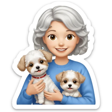 silver, short, wavy-haired with loose curls, smiling pretty lady holding a whit terrier dog and a white and tan shih tzu dog sticker