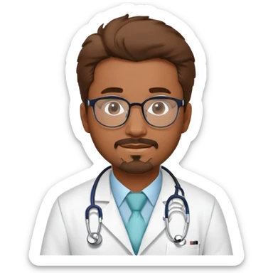 Alfredo should be a brown skin doctor, wearing a white coat and his name Alfredo on the lab coat.. He should also have a stethoscope around his neck. Show  alfredo as a cartoon like image, an avatar. add some great hair and glasses. Also,  give him a goatee. sticker