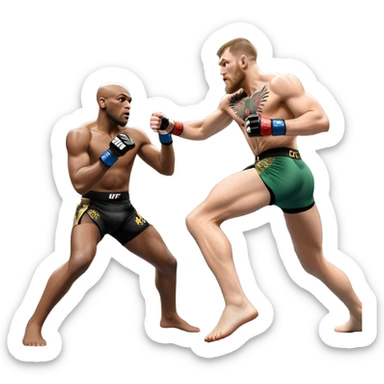 An MMA showdown between Conor McGregor and Anderson Silva in the octagon. McGregor is executing a powerful jumping strike, while Silva is expertly blocking the attack with his forearm. The background features the UFC octagon, fans in the distance, and dynamic action. Transparent background sticker
