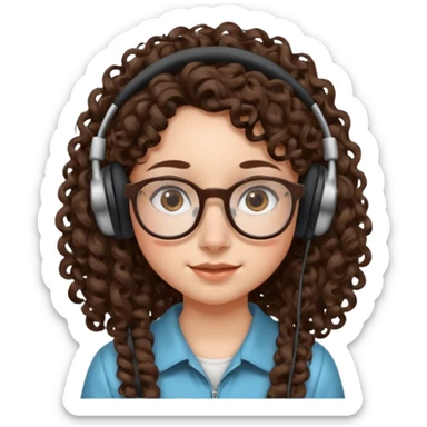 brunette kid with unique face features and very curly long hair kid girl neutral and big glasess and big nose and dark eyes with freckles kind of nerd looking and headphone wearing sticker