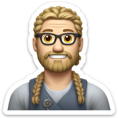 A jung guy with glasses, shortly shaved beared and an undercut haircut bind to a pigtail, like a viking, who is eating some ramen. sticker