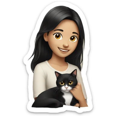 smiling girl with black hair with a cat sticker