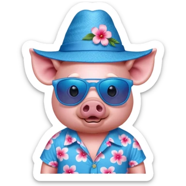 Pig with blue aloha shirt, birthday hat, sunglasses sticker